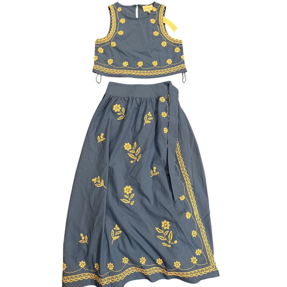 Mable small two piece embroidered crop set with midi skirt NEW